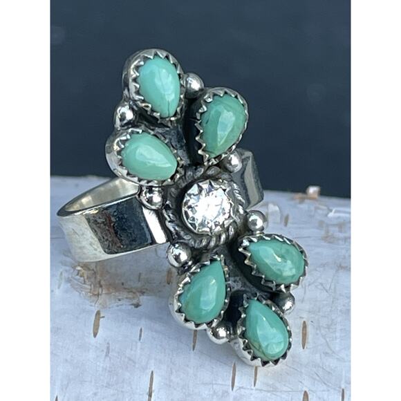 Kingman Turquoise & Moissanite Cluster Sterling Adjustable Ring-Southwest 5.5-7 - Picture 3 of 9